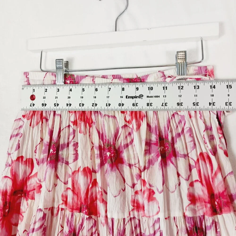 Lalla Nissa, Tiered Maxi Floral Skirt, Medium, Floral Print Stretch Waist w/ Tie